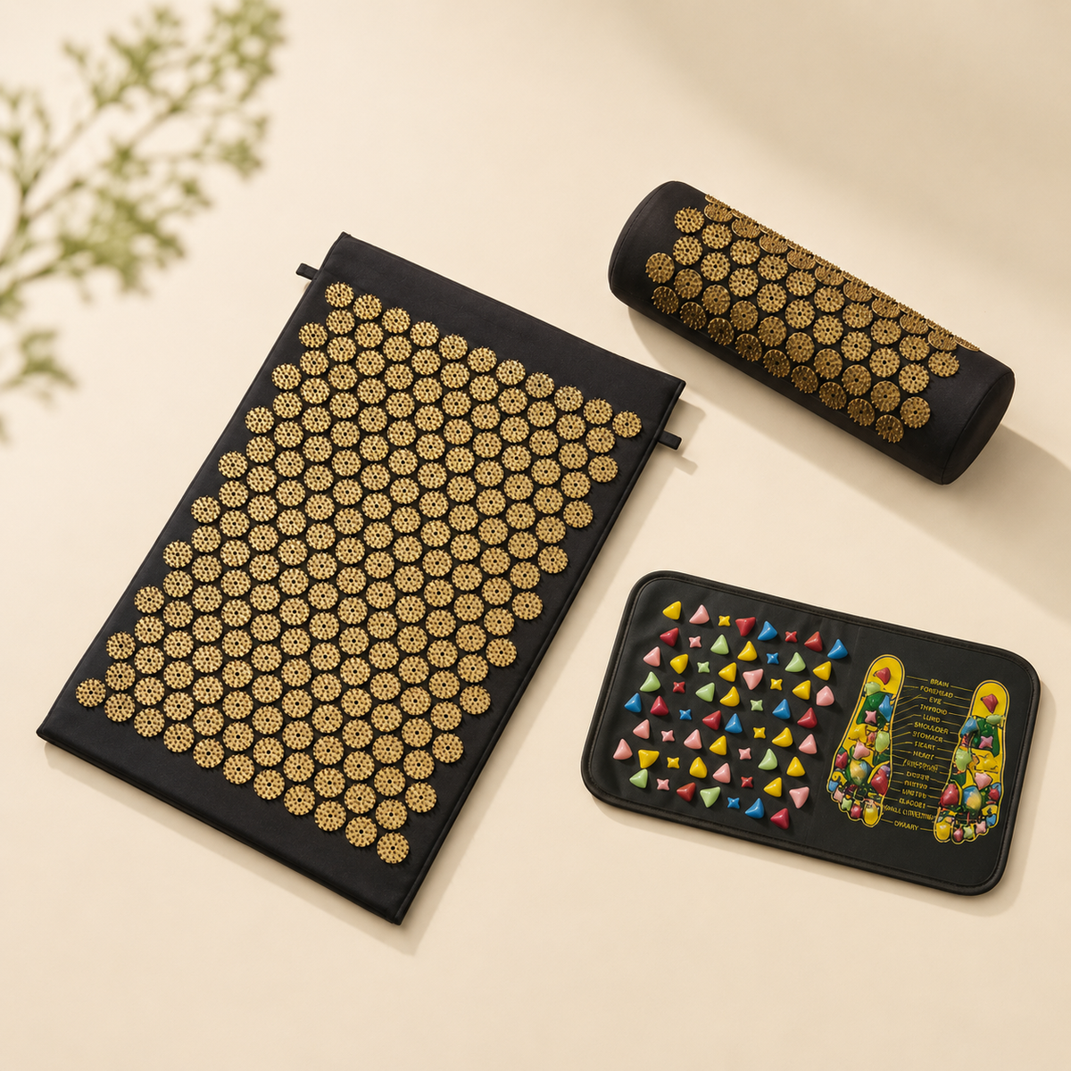 Bhakti Complete Recovery Bundle — acupressure mat, neck pillow and foot reflexology mat together on cream